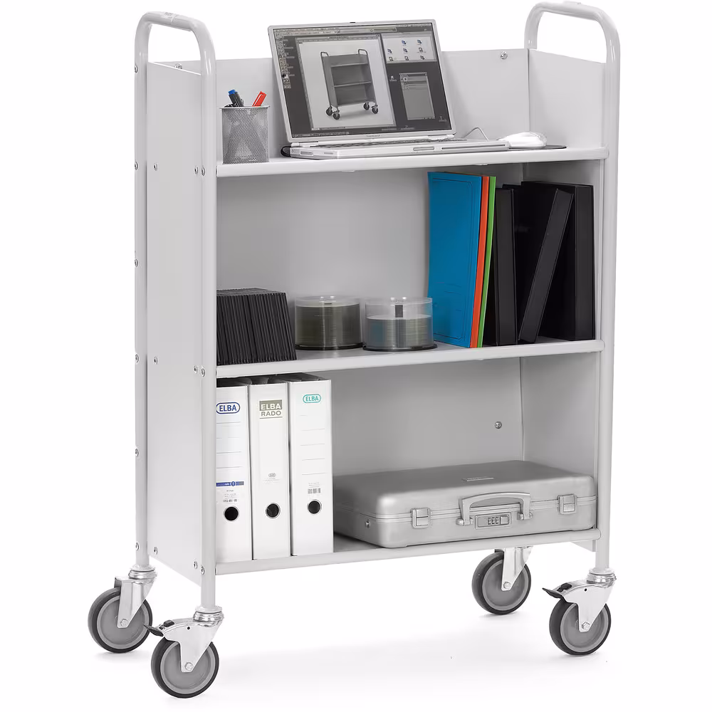 Bürowagen 4891 mit nach hinten geneigten Böden und Rückwand im rechten Winkel zum Boden mit der Artikelnr. 4891 Bürowagen 4891 mit nach hinten geneigten Böden und Rückwand im rechten Winkel zum Boden von Fetra aus der Kategorie Transportsysteme