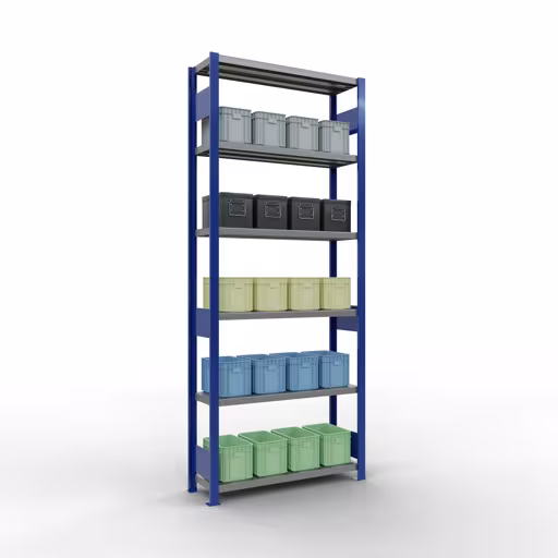Grundregal, Fachbodenregal Stecksystem MULTIplus330, 2500 x 1000 x 300 mm (HxBxT), 6 Fachböden, Längenriegel, RAL 5010 enzianblau/verzinkt von Schulte Lagertechnik mit der Artikelnr. 13931-LR-B