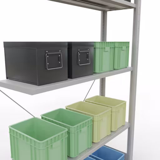 Produktbild Nr 12 des Artikels Anbauregal, Fachbodenregal Stecksystem MULTIplus150, 2000 x 1000 x 300 mm (HxBxT), 5 Fachböden, Kreuzstrebe, RAL 7035 lichtgrau Abbildung Nr 12 des Artikels Anbauregal, Fachbodenregal Stecksystem MULTIplus150, 2000 x 1000 x 300 mm (HxBxT), 5 Fachböden, Kreuzstrebe, RAL 7035 lichtgrau aus der Produktgruppe Stecksystem von der Marke Schulte Lagertechnik