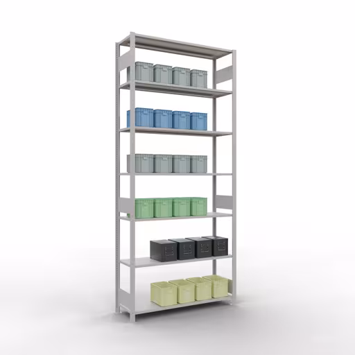 Zusatzbild des Artikels Grundregal, Fachbodenregal Stecksystem MULTIplus150, 3000 x 1300 x 400 mm (HxBxT), 7 Fachböden, Längenriegel, RAL 7035 lichtgrau Zusatzbild des Artikels Grundregal, Fachbodenregal Stecksystem MULTIplus150, 3000 x 1300 x 400 mm (HxBxT), 7 Fachböden, Längenriegel, RAL 7035 lichtgrau aus Grundregal