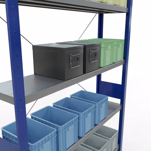 Zusatzbild des Artikels Grundregal, Fachbodenregal Stecksystem MULTIplus250, 3000 x 1300 x 300 mm (HxBxT), 7 Fachböden, Kreuzstrebe, RAL 5010 enzianblau/verzinkt aus Grundregal