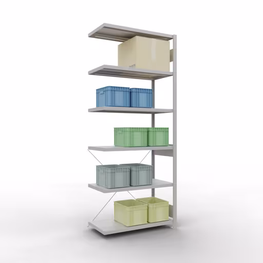 Produktbild Nr 14 des Artikels Anbauregal, Fachbodenregal Stecksystem MULTIplus330, 2500 x 1000 x 500 mm (HxBxT), 6 Fachböden, Kreuzstrebe, RAL 7035 lichtgrau Abbildung Nr 14 des Artikels Anbauregal, Fachbodenregal Stecksystem MULTIplus330, 2500 x 1000 x 500 mm (HxBxT), 6 Fachböden, Kreuzstrebe, RAL 7035 lichtgrau aus der Produktgruppe Stecksystem von der Marke Schulte Lagertechnik