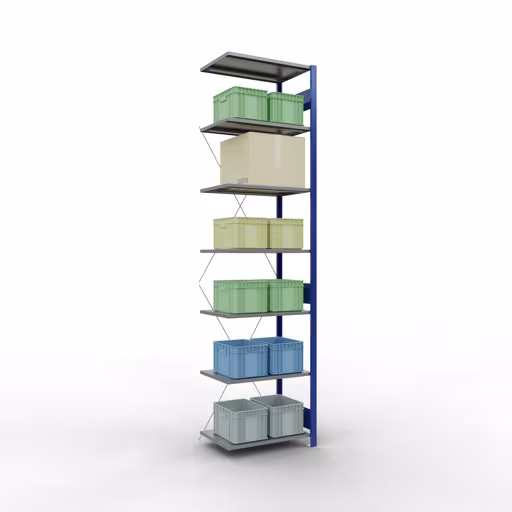 Anbauregal, Fachbodenregal Stecksystem MULTIplus150, 3000 x 750 x 500 mm (HxBxT), 7 Fachböden, Kreuzstrebe, RAL 5010 enzianblau/verzinkt/verzinkt mit der GTIN 4004514280770 Anbauregal, Fachbodenregal Stecksystem MULTIplus150, 3000 x 750 x 500 mm (HxBxT), 7 Fachböden, Kreuzstrebe, RAL 5010 enzianblau/verzinkt/verzinkt von Schulte Lagertechnik mit der Artikelnr. 12757-75-B