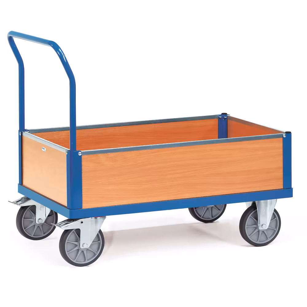 Kastenwagen Holz Kastenwagen aus Stahlrohr und Profilstahl geschweißt, pulverbeschichtet RAL 5007, Plattform Holzwerkstoffplatte, Oberfläche Buchendekor aus der Kategorie Wagen