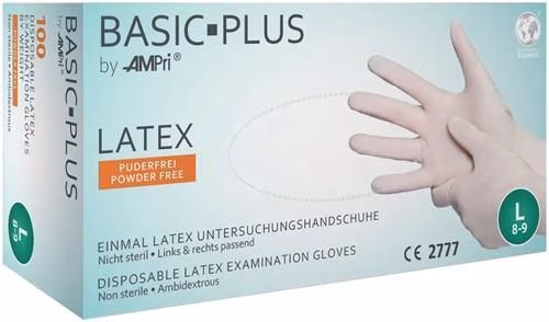 Gants jetables Basic Plus taille M, en latex beige clair, conformes à la norme EN 455 EPI, boîte de 100 pièces, marque AMPRI. Gants jetables Basic Plus Latex EN 374, EN 455, EN 420 EPI Catégorie I 100 pièces / boîte AMPRI de la catégorie Gants jetables avec la référence 4000371510