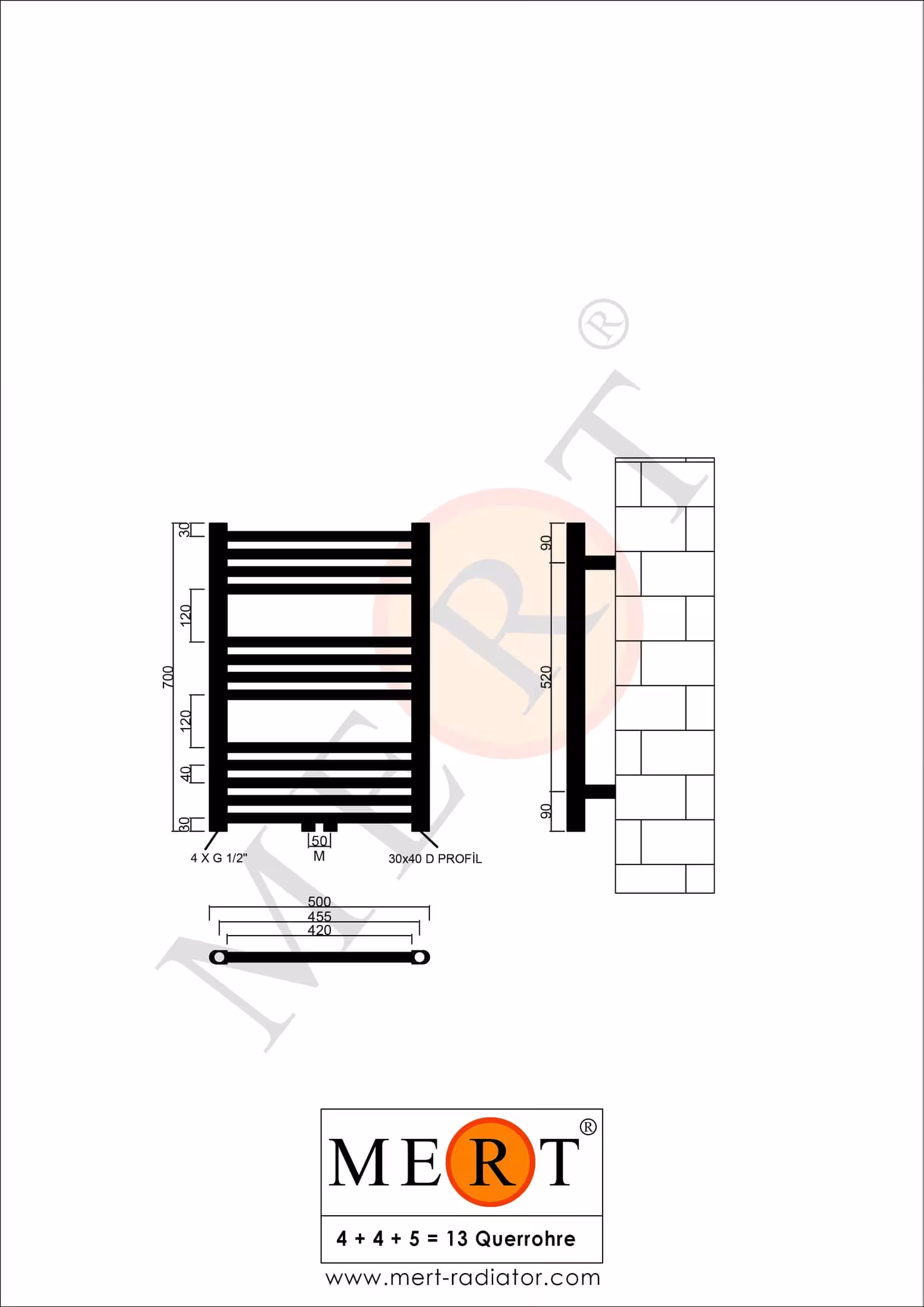 MERT Badheizkörper weiß gerade, 500*700 mm, Mittelanschluss von der Marke MERT aus der Kategorie Heizkörper