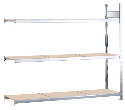 Anbauregal, Weitspannregal WS 2000 mit Spanplatten, 2000 x 2500 x 800 mm (HxBxT), verzinkt, 3 Ebenen, Fachlast 400 kg, Feldlast 1.200 kg aus der Kategorie WS2000 für Fachlasten bis 400kg mit der Artikelnummer 15577