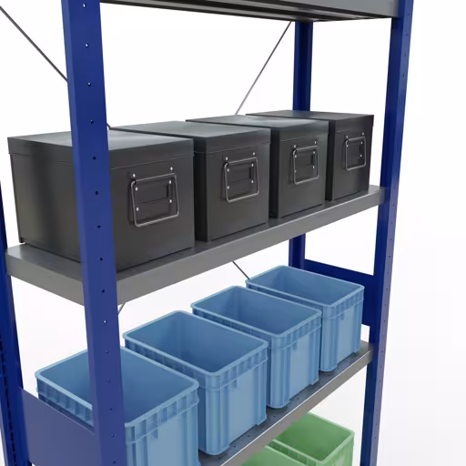 Produktbild Nr 12 des Artikels Grundregal, Fachbodenregal Stecksystem MULTIplus330, 3000 x 1000 x 300 mm (HxBxT), 7 Fachböden, Kreuzstrebe, RAL 5010 enzianblau/verzinkt Abbildung Nr 12 des Artikels Grundregal, Fachbodenregal Stecksystem MULTIplus330, 3000 x 1000 x 300 mm (HxBxT), 7 Fachböden, Kreuzstrebe, RAL 5010 enzianblau/verzinkt aus der Produktgruppe Stecksystem von der Marke Schulte Lagertechnik