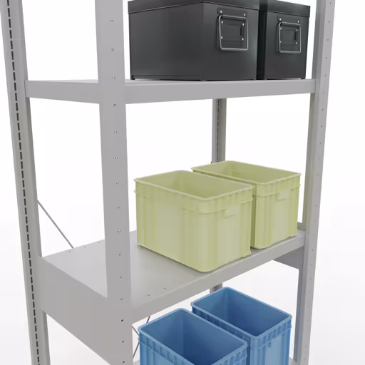 Abbildung Nr 15 des Artikels Grundregal, Fachbodenregal Stecksystem MULTIplus250, 2500 x 750 x 400 mm (HxBxT), 6 Fachböden, Kreuzstrebe, RAL 7035 lichtgrau aus der Produktgruppe Stecksystem von der Marke Schulte Lagertechnik