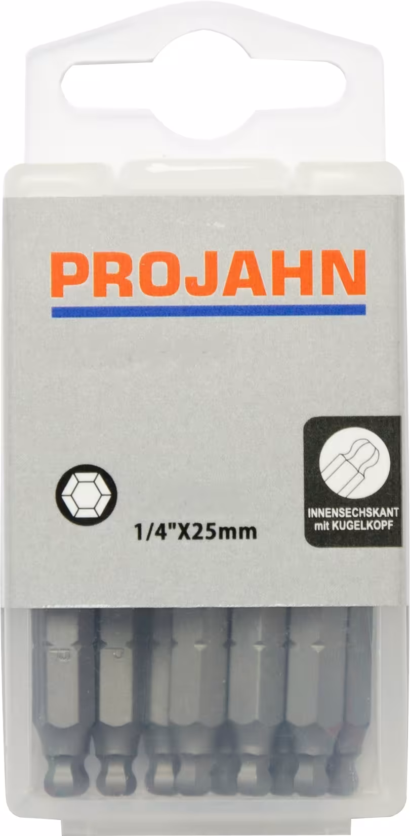 1/4" Kugelkopf Bit L25 mm 2,5 mm 10er Pack von der Marke PROJAHN Bit für Innen-6kant-Schrauben mit Kugelkopf 6,3 Typ Variante: 1/4" Kugelkopf Bit L25 mm 2,5 mm 10er Pack aus der Kategorie Bits & Bithalter mit der Artikelnr. 2782-10