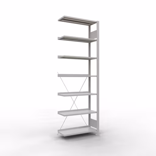 Anbauregal, Büro-Fachbodenregal Stecksystem MULTIplus85, 2300 x 750 x 300 mm (HxBxT), 7 Fachböden, Kreuzstrebe, mit Anschlagleiste, lichtgrau aus der Kategorie Stecksystem mit der Artikelnummer 36015