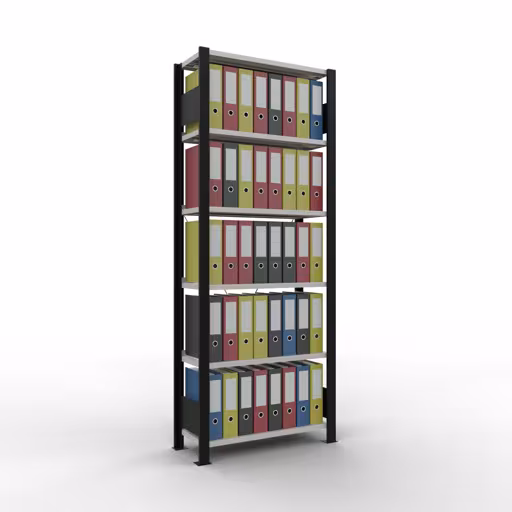 Produktbild Nr 12 des Artikels Grundregal, Büro-Fachbodenregal Stecksystem MULTIplus85, 2000 x 750 x 300 mm (HxBxT), 6 Fachböden, Kreuzstrebe, mit Anschlagleiste, schwarz/lichtgrau Abbildung Nr 12 des Artikels Grundregal, Büro-Fachbodenregal Stecksystem MULTIplus85, 2000 x 750 x 300 mm (HxBxT), 6 Fachböden, Kreuzstrebe, mit Anschlagleiste, schwarz/lichtgrau aus der Produktgruppe Büroregale von der Marke Schulte Lagertechnik