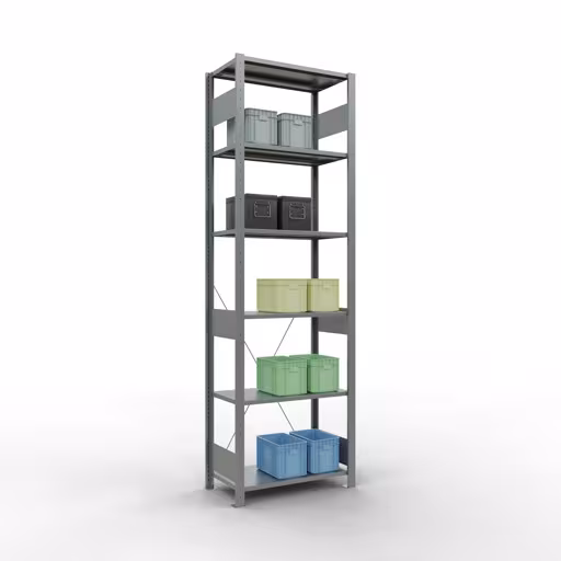 Zusatzbild des Artikels Grundregal, Fachbodenregal Stecksystem MULTIplus150, 2500 x 750 x 400 mm (HxBxT), 6 Fachböden, Kreuzstrebe, verzinkt aus Grundregal