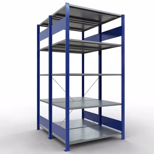 Andere Ansicht des Artikels Grundregal, Doppelregal, Fachbodenregal Stecksystem MULTIplus150, 2000 x 1000 x (2x600) mm (HxBxT), 2x5 Fachböden, Kreuzstrebe, RAL 5010 enzianblau aus der Kategorie Fachbodenregale