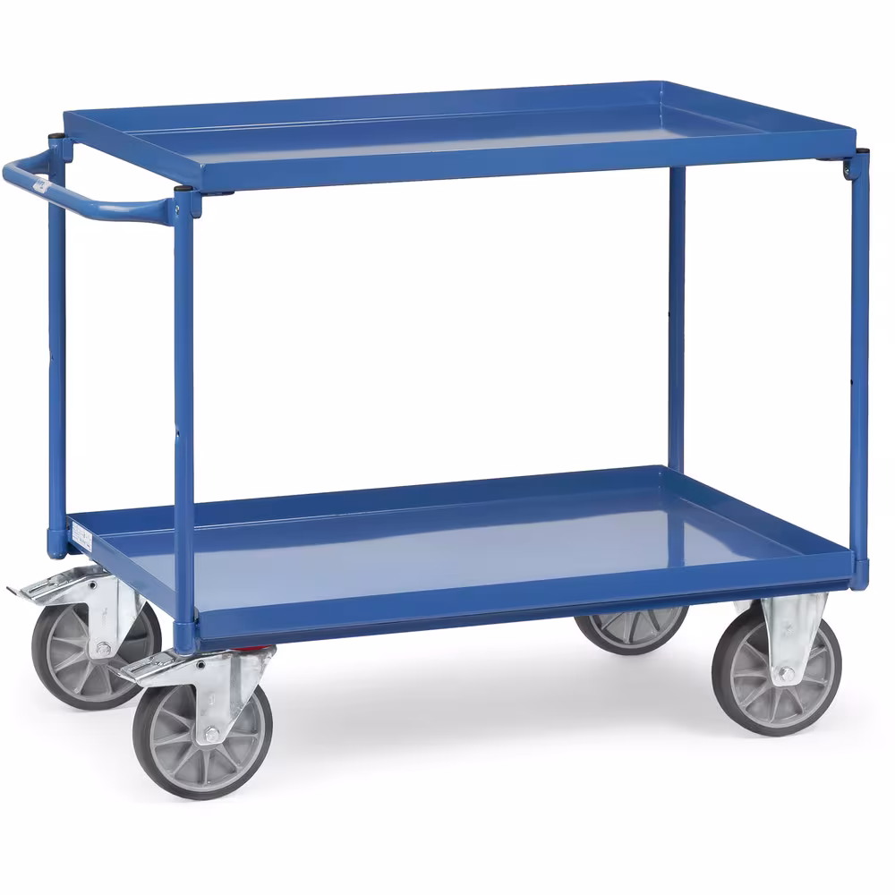 Tischwagen 4820 Länge 850 mm, Breite 500 mm von der Marke Fetra Tischwagen Wannen 400 kg, 2 Etagen Stahlkonstruktion, geschweißt, mit 2 Stahlblechwannen, Stahlrohrbügel und Stahlblechwannen verschraubt Typ Ladeflächenbreite: 500 mm aus der Kategorie Tischwagen mit der Artikelnr. 4820