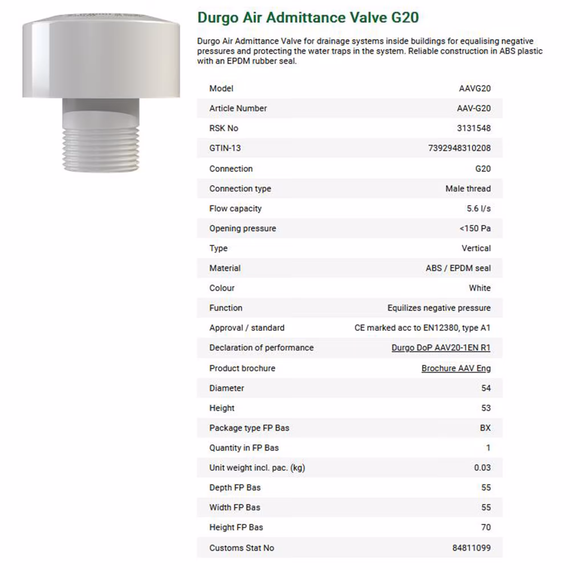 Belüftungsventil DN 20 Anschluss 3/4 Zoll von Durgo mit der Artikelnr. 7000020
