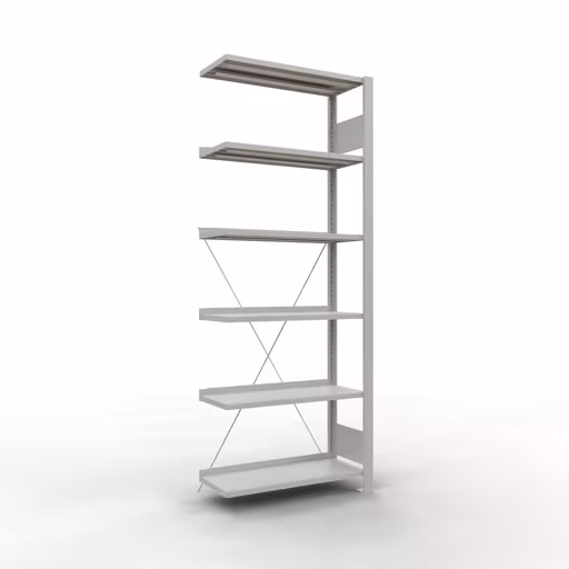 Anbauregal, Büro-Fachbodenregal Stecksystem MULTIplus85, 2000 x 750 x 300 mm (HxBxT), 6 Fachböden, Kreuzstrebe, mit Anschlagleiste, lichtgrau aus der Kategorie Stecksystem mit der Artikelnummer 36009