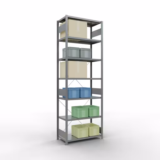 Grundregal, Fachbodenregal Stecksystem MULTIplus250, 3000 x 1000 x 500 mm (HxBxT), 7 Fachböden, Kreuzstrebe, verzinkt von Schulte Lagertechnik aus der Kategorie Stecksystem
