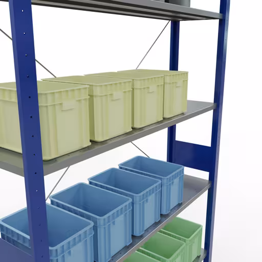 Produktbild Nr.12 des Artikels Grundregal, Fachbodenregal Stecksystem MULTIplus150, 3000 x 1300 x 300 mm (HxBxT), 7 Fachböden, Kreuzstrebe, RAL 5010 enzianblau/verzinkt aus der Produktreihe Stecksystem von der Marke Schulte Lagertechnik