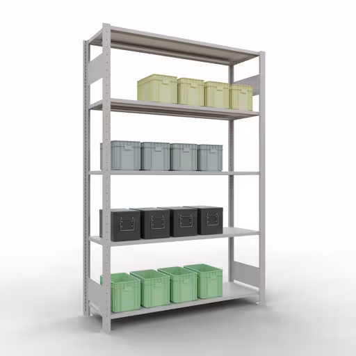 Zusatzbild des Artikels Grundregal, Fachbodenregal Stecksystem MULTIplus150, 2000 x 1300 x 400 mm (HxBxT), 5 Fachböden, Längenriegel, RAL 7035 lichtgrau Zusatzbild des Artikels Grundregal, Fachbodenregal Stecksystem MULTIplus150, 2000 x 1300 x 400 mm (HxBxT), 5 Fachböden, Längenriegel, RAL 7035 lichtgrau aus Grundregal