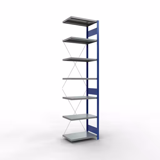 Anbauregal, Fachbodenregal Stecksystem MULTIplus250, 3000 x 750 x 500 mm (HxBxT), 7 Fachböden, Kreuzstrebe, RAL 5010 enzianblau/verzinkt/verzinkt von der Marke Schulte Lagertechnik Anbauregal, Fachbodenregal Stecksystem MULTIplus250, 3000 x 750 x 500 mm (HxBxT), 7 Fachböden, Kreuzstrebe, RAL 5010 enzianblau/verzinkt/verzinkt aus der Kategorie Anbauregal mit der Artikelnummer 12957-75-B