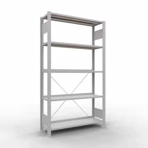 Grundregal, Büro-Fachbodenregal Stecksystem MULTIplus85, 1800 x 1000 x 300 mm (HxBxT), 5 Fachböden, Kreuzstrebe, mit Anschlagleiste, lichtgrau von der Marke Schulte Lagertechnik Grundregal, Büro-Fachbodenregal Stecksystem MULTIplus85, 1800 x 1000 x 300 mm (HxBxT), 5 Fachböden, Kreuzstrebe, mit Anschlagleiste, lichtgrau aus der Kategorie Stecksystem mit der Artikelnummer 36001