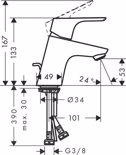 Technische Zeichnung 4032160 Hansgrohe Einhebel-Waschtischmischer FOCUS 70 Nennweite 15 mit Zugstangen-Ablaufgarnitur 1 1/4 Zoll chrom