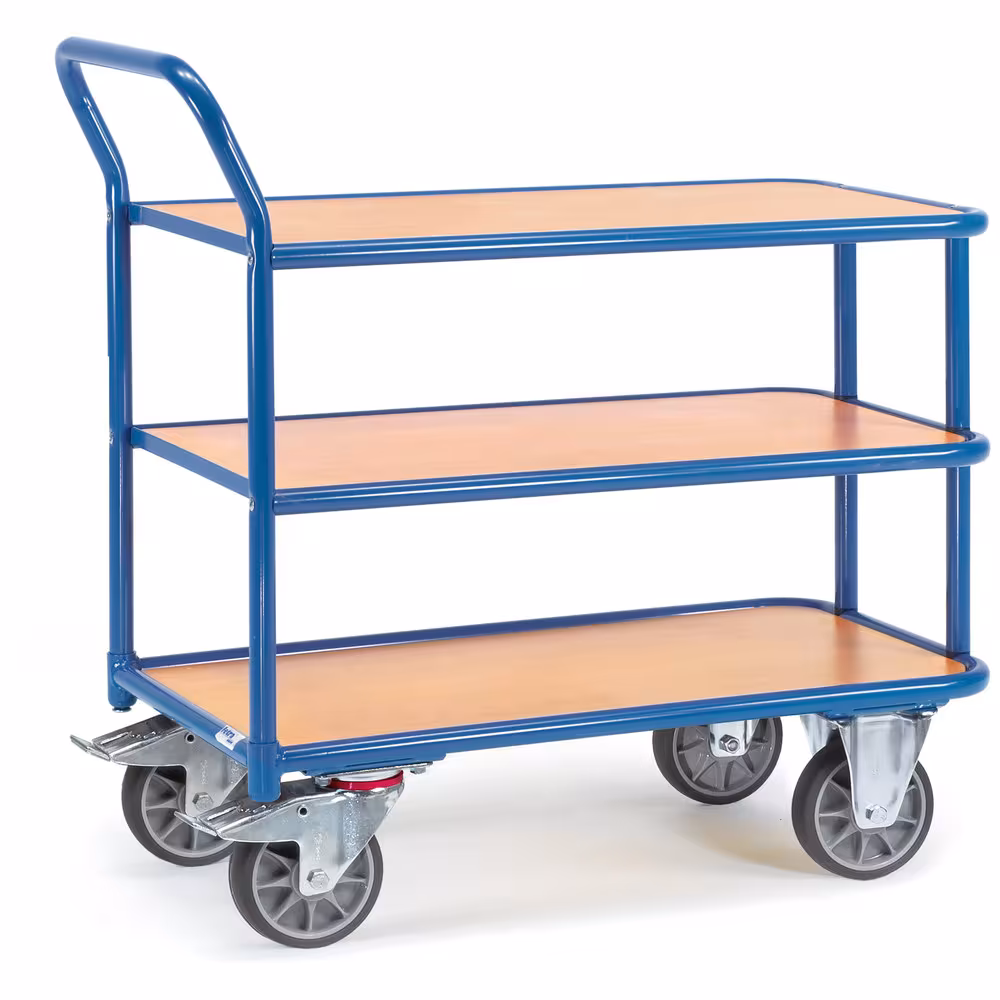 Tischwagen 400 kg 3 Etagen aus Profilstahl-/Stahlrohr-Schweißkonstruktion, pulverbeschichtet, brillantblau RAL 5007 aus der Kategorie Tischwagen