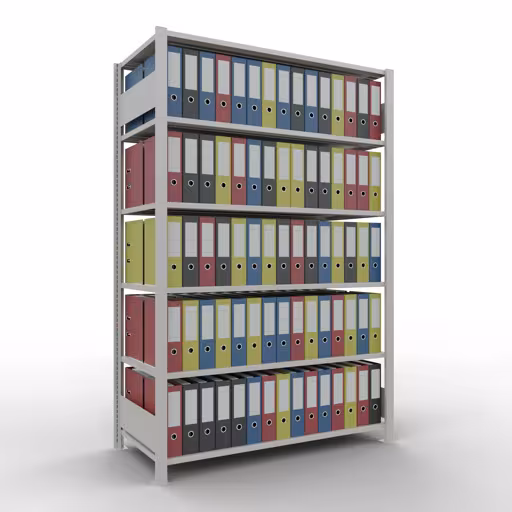 Grundregal, Büro-Fachbodenregal Stecksystem MULTIplus150, 2000 x 1300 x 600 mm (HxBxT), 6 Fachböden, Längenriegel, ohne Mittelanschlag, lichtgrau von Schulte Lagertechnik mit der Artikelnr. 36062