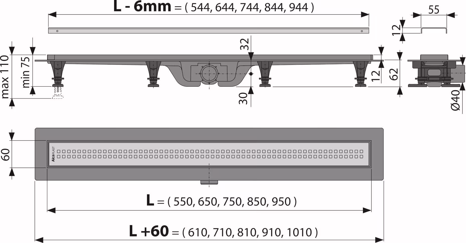 Duschrinnen mit Edelstahlrost No.9 Ausführung Rostlänge: 850mm mit der GTIN 4250409117410 Bodenablaufrinne Duschrinne "No.9" Duschablauf inkl. Edelstahlrost Rostlänge 850mm von HoWaTech mit der Artikelnr. PP985