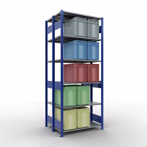 Grundregal, Doppelregal, Fachbodenregal Stecksystem MULTIplus150, 2500 x 1000 x (2x400) mm (HxBxT), 2x6 Fachböden, Längenriegel, RAL 5010 enzianblau von der Marke Schulte Lagertechnik aus der Produktreihe Fachbodenregale