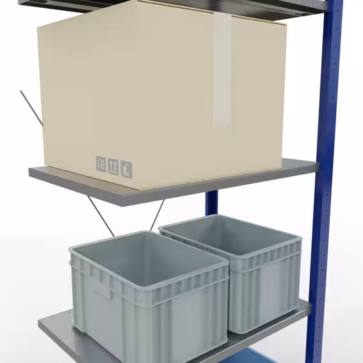 Anbauregal, Fachbodenregal Stecksystem MULTIplus150, 2000 x 750 x 500 mm (HxBxT), 5 Fachböden, Kreuzstrebe, RAL 5010 enzianblau/verzinkt/verzinkt mit der Artikelnr. 12755-75-B Anbauregal, Fachbodenregal Stecksystem MULTIplus150, 2000 x 750 x 500 mm (HxBxT), 5 Fachböden, Kreuzstrebe, RAL 5010 enzianblau/verzinkt/verzinkt von Schulte Lagertechnik aus der Kategorie Stecksystem