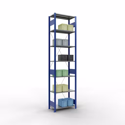 Grundregal, Fachbodenregal Stecksystem MULTIplus150, 3000 x 750 x 400 mm (HxBxT), 7 Fachböden, Kreuzstrebe, RAL 5010 enzianblau/verzinkt/verzinkt aus der Kategorie Grundregal mit der GTIN 4058255010899 Grundregal, Fachbodenregal Stecksystem MULTIplus150, 3000 x 750 x 400 mm (HxBxT), 7 Fachböden, Kreuzstrebe, RAL 5010 enzianblau/verzinkt/verzinkt von der Marke Schulte Lagertechnik aus der Produktreihe Stecksystem