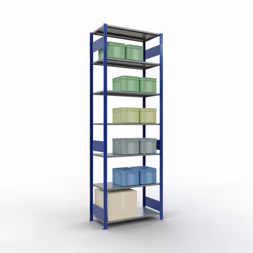 Zusatzbild des Artikels Grundregal, Fachbodenregal Stecksystem MULTIplus150, 3000 x 1000 x 500 mm (HxBxT), 7 Fachböden, Längenriegel, RAL 5010 enzianblau/verzinkt Zusatzbild des Artikels Grundregal, Fachbodenregal Stecksystem MULTIplus150, 3000 x 1000 x 500 mm (HxBxT), 7 Fachböden, Längenriegel, RAL 5010 enzianblau/verzinkt aus Grundregal