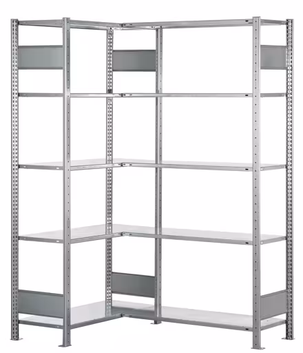 Produktbild Nr.10 des Artikels Eckregal (Felder A + B) 2000 x 1000 x 600, 2x5 Fachböden, Längenriegel, verzinkt aus der Produktreihe Fachbodenregale von der Marke Schulte Lagertechnik