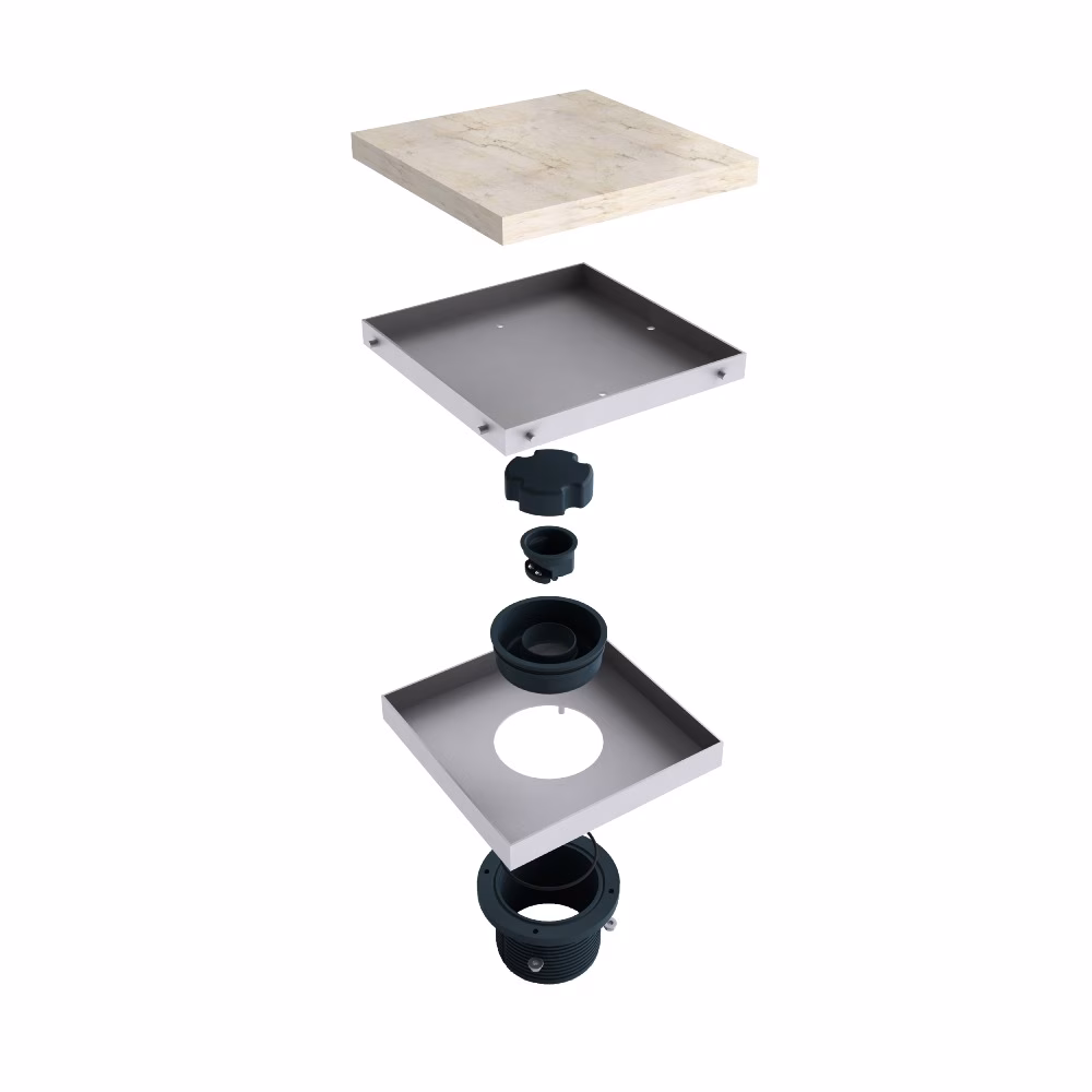 Grille d'évacuation MERT 20x20cm, design « TILES », de la marque Mert Siphon de sol MERT modèle « TILES » 300x300mm, fabriqué en acier inoxydable de haute qualité, appartenant à la catégorie des siphons de sol et portant la référence DU-20-TILES100