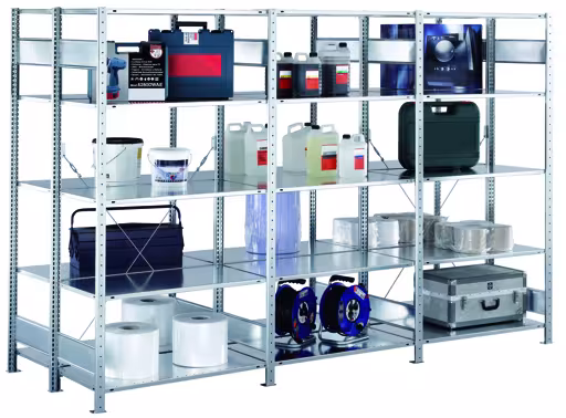 Produktbild Nr.9 des Artikels Anbauregal, Doppelregal, Fachbodenregal Stecksystem MULTIplus150, 3000 x 1000 x (2x600) mm (HxBxT), 2x7 Fachböden, Kreuzstrebe, RAL 5010 enzianblau aus der Produktreihe Fachbodenregale von der Marke Schulte Lagertechnik