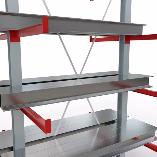 Abbildung Nr 12 des Artikels K 6000 Komplettregal, doppelseitig, 3000 x 1500 x 2x 750 mm, RAL 7001 / RAL 3000, 5 Lagerebenen aus der Produktgruppe Kragarmregale von der Marke Schulte Lagertechnik