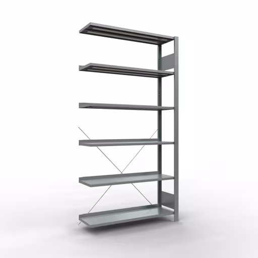 Anbauregal, Büro-Fachbodenregal Stecksystem MULTIplus85, 2000 x 1000 x 300 mm (HxBxT), 6 Fachböden, Kreuzstrebe, verzinkt, mit Anschlagleiste aus der Kategorie Stecksystem mit der Artikelnummer 17710
