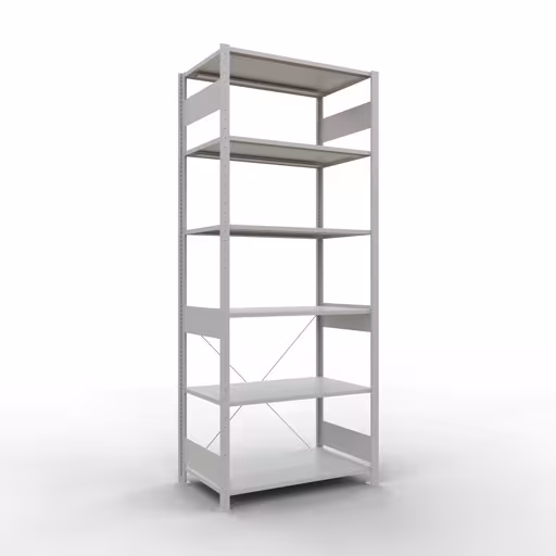 Grundregal, Fachbodenregal Stecksystem MULTIplus85, 2500 x 1000 x 600 mm (HxBxT), 6 Fachböden, Kreuzstrebe, RAL 7035 lichtgrau von der Marke Schulte Lagertechnik Grundregal, Fachbodenregal Stecksystem MULTIplus85, 2500 x 1000 x 600 mm (HxBxT), 6 Fachböden, Kreuzstrebe, RAL 7035 lichtgrau aus der Kategorie Grundregal mit der Artikelnummer 33061