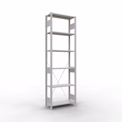 Grundregal, Fachbodenregal Stecksystem MULTIplus150, 2500 x 750 x 300 mm (HxBxT), 6 Fachböden, Kreuzstrebe, RAL 7035 lichtgrau aus der Kategorie Grundregal mit der Artikelnummer 32631-75
