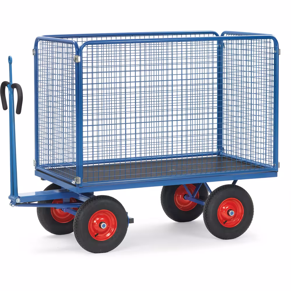 Handpritschenwagen Drahtgitter 1000 mm mit Zugöse Baukasten-System Aus Profilstahl geschweißt, pulverbeschichtet RAL 5007, 4 Eckhülsen Typ Bereifung: Luft aus der Kategorie Handwagen/Pritschenwagen mit der Artikelnr. 6445LZ