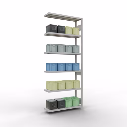 Abbildung Nr 10 des Artikels Anbauregal, Fachbodenregal Stecksystem MULTIplus330, 2500 x 1000 x 300 mm (HxBxT), 6 Fachböden, Längenriegel, RAL 7035 lichtgrau aus der Produktgruppe Stecksystem von der Marke Schulte Lagertechnik