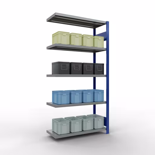 Anbauregal, Fachbodenregal Stecksystem MULTIplus330, 2000 x 1000 x 400 mm (HxBxT), 5 Fachböden, Längenriegel, RAL 5010 enzianblau/verzinkt von Schulte Lagertechnik mit der Artikelnr. 13945-LR-B
