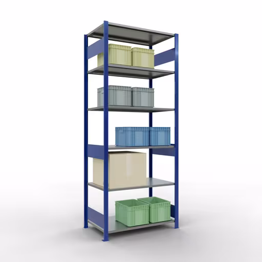 Grundregal, Fachbodenregal Stecksystem MULTIplus150, 2500 x 1000 x 600 mm (HxBxT), 6 Fachböden, Längenriegel, RAL 5010 enzianblau/verzinkt mit der GTIN 4004514280930 Grundregal, Fachbodenregal Stecksystem MULTIplus150, 2500 x 1000 x 600 mm (HxBxT), 6 Fachböden, Längenriegel, RAL 5010 enzianblau/verzinkt von Schulte Lagertechnik mit der Artikelnr. 12761-LR-B