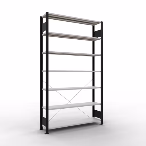 Grundregal, Büro-Fachbodenregal Stecksystem MULTIplus85, 2300 x 1300 x 300 mm (HxBxT), 7 Fachböden, Kreuzstrebe, ohne Anschlagleiste, schwarz/lichtgrau von der Marke Schulte Lagertechnik Grundregal, Büro-Fachbodenregal Stecksystem MULTIplus85, 2300 x 1300 x 300 mm (HxBxT), 7 Fachböden, Kreuzstrebe, ohne Anschlagleiste, schwarz/lichtgrau aus der Kategorie Stecksystem mit der Artikelnummer 36032-S