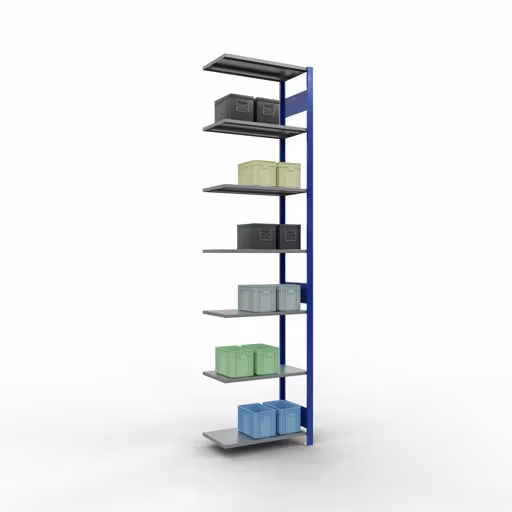 Andere Ansicht des Artikels Anbauregal, Fachbodenregal Stecksystem MULTIplus150, 3000 x 750 x 400 mm (HxBxT), 7 Fachböden, Längenriegel, RAL 5010 enzianblau/verzinkt/verzinkt aus der Kategorie Anbauregal