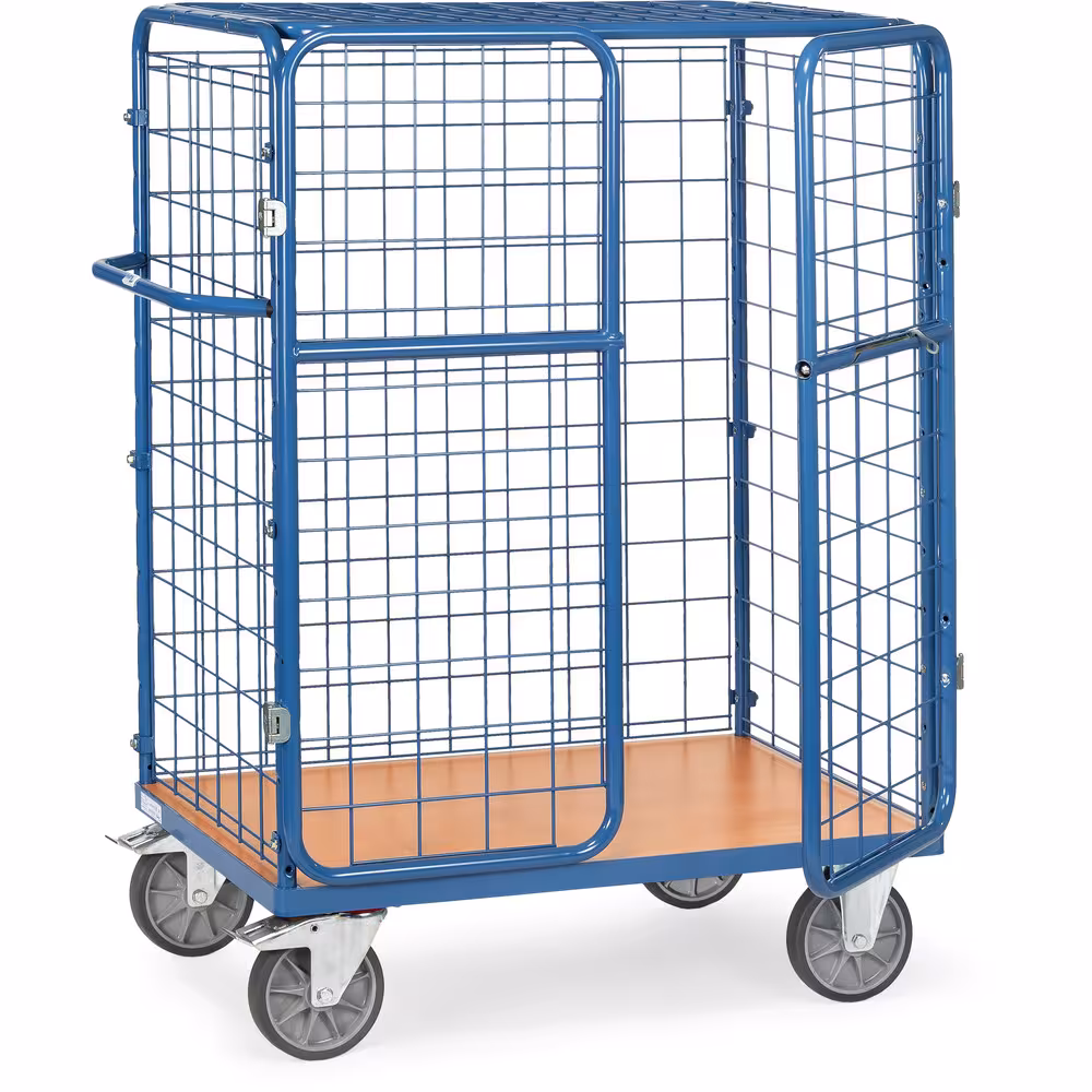 Paketwagen 8483-3D mit Dach Breite 800 mm, Länge 1200 mm von der Marke Fetra Paketwagen niedrig Dach pulverbeschichtet blau RAL 5007, Schraubkonstruktion, Stirnwände und eine Längswand geschlossen mit Drahtgitter Typ Ladeflächenbreite: 800 mm aus der Kategorie Etagenwagen mit der Artikelnr. 8483-3D