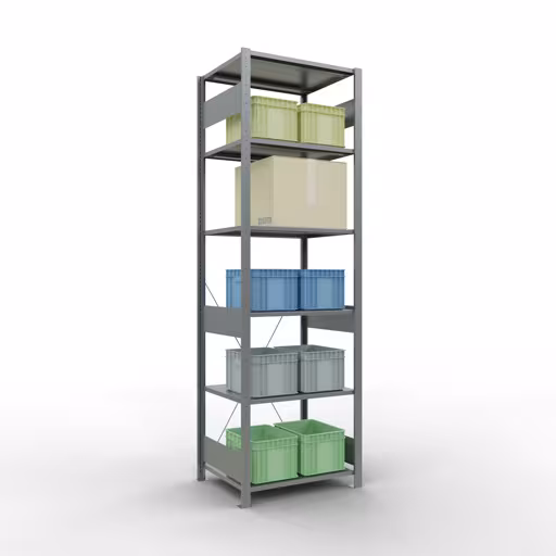 Grundregal, Fachbodenregal Stecksystem MULTIplus150, 2500 x 750 x 600 mm (HxBxT), 6 Fachböden, Kreuzstrebe, verzinkt mit der Artikelnr. 12761-75 Grundregal, Fachbodenregal Stecksystem MULTIplus150, 2500 x 750 x 600 mm (HxBxT), 6 Fachböden, Kreuzstrebe, verzinkt von Schulte Lagertechnik aus der Kategorie Stecksystem