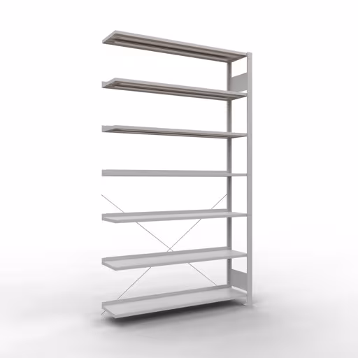 Anbauregal, Büro-Fachbodenregal Stecksystem MULTIplus85, 2300 x 1300 x 300 mm (HxBxT), 7 Fachböden, Kreuzstrebe, mit Anschlagleiste, lichtgrau aus der Kategorie Stecksystem mit der Artikelnummer 36017